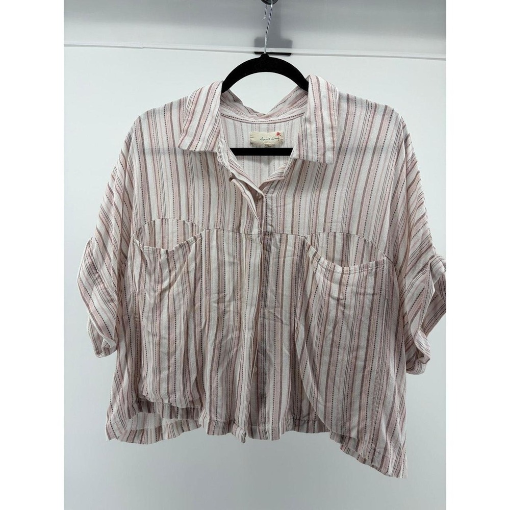 April Kiss Striped Linen‎ Blend Short Sleeve Cropped Shirt, Women Sz XL S167